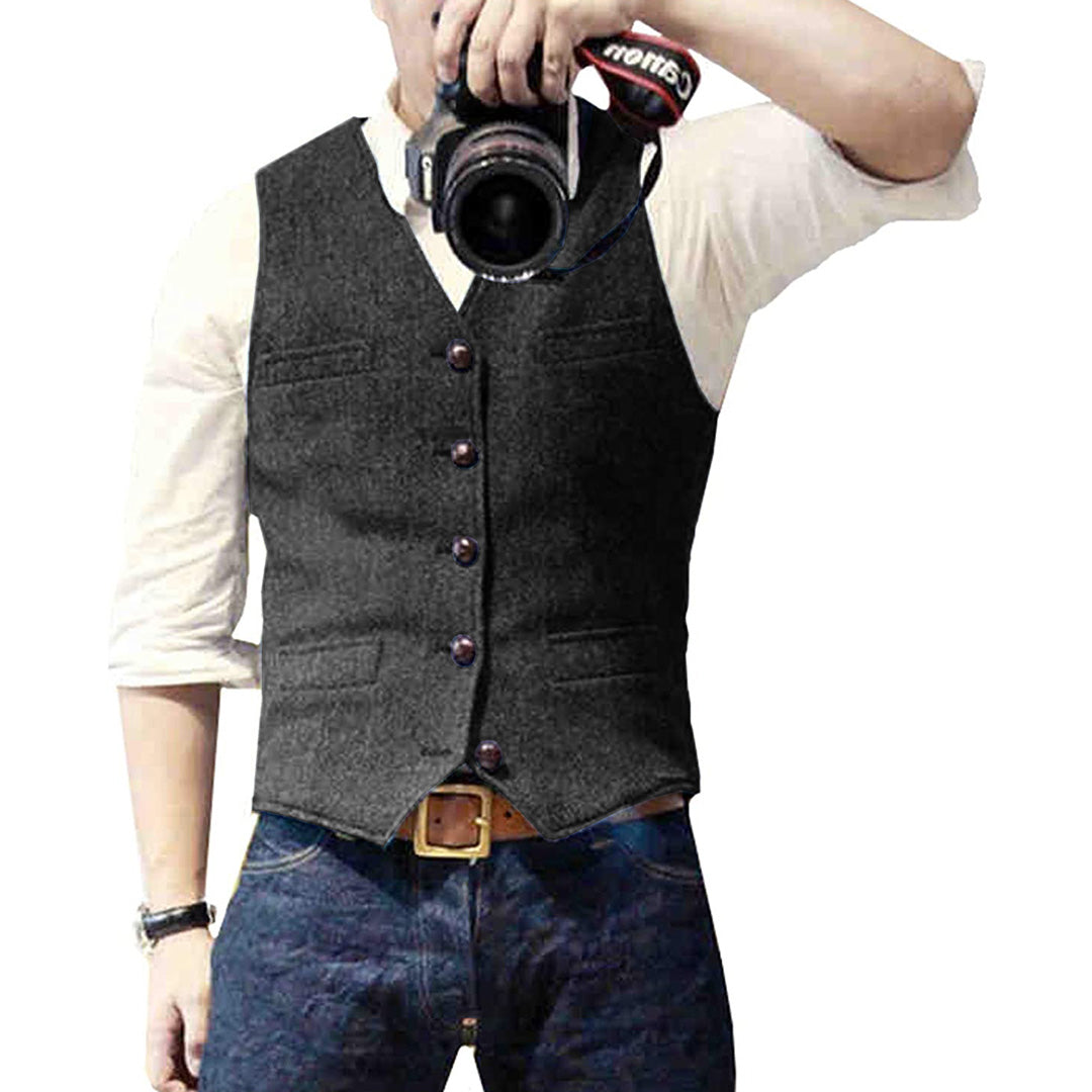 Men's Denim Vest, Button-Up Sleeveless Jacket with Chest Pockets