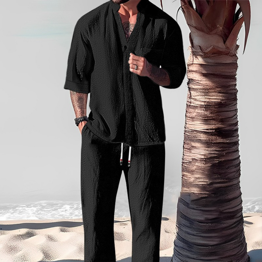 Men's Linen 2-Piece Set - Short Sleeve Shirt and Elastic Waist Pants