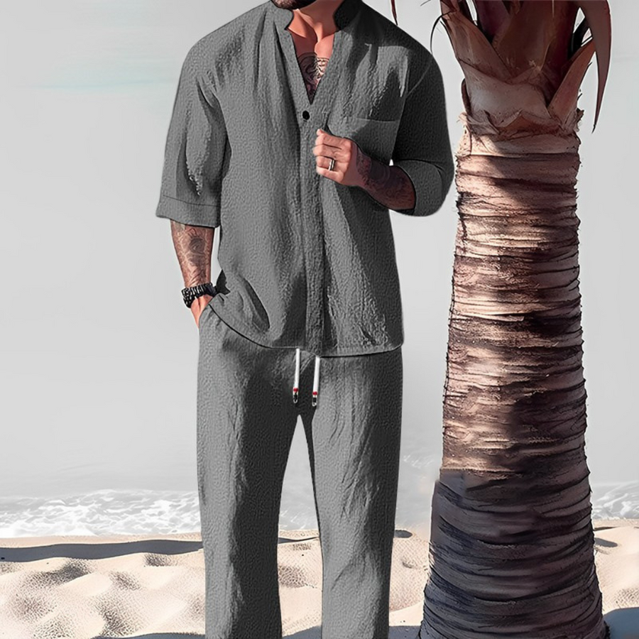 Men's Linen 2-Piece Set - Short Sleeve Shirt and Elastic Waist Pants