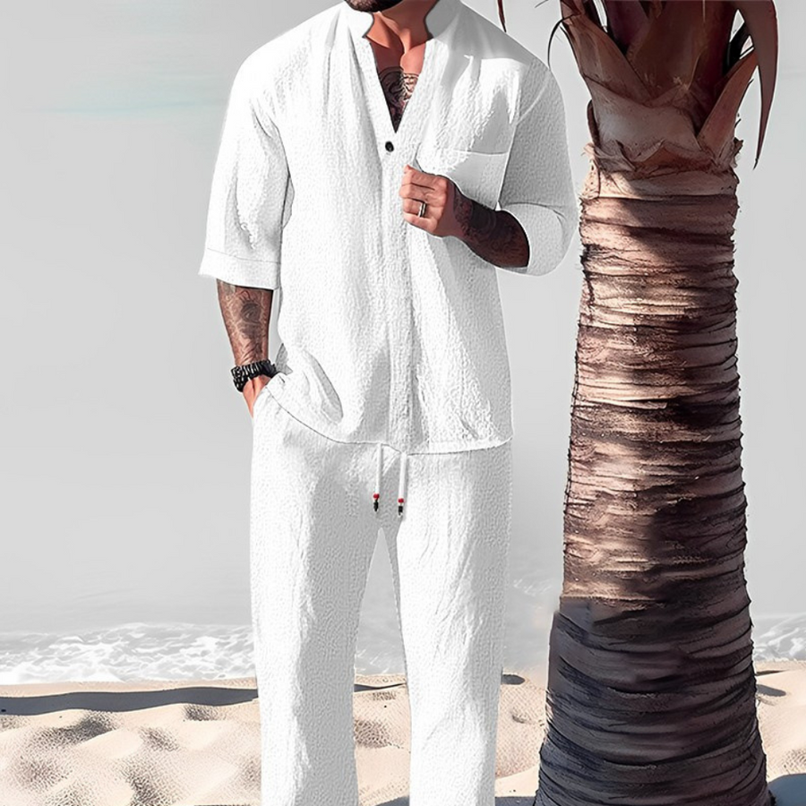 Men's Linen 2-Piece Set - Short Sleeve Shirt and Elastic Waist Pants