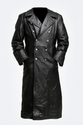 Men's Vintage Military Style Leather Trench Coat, Double-Breasted Long Coat