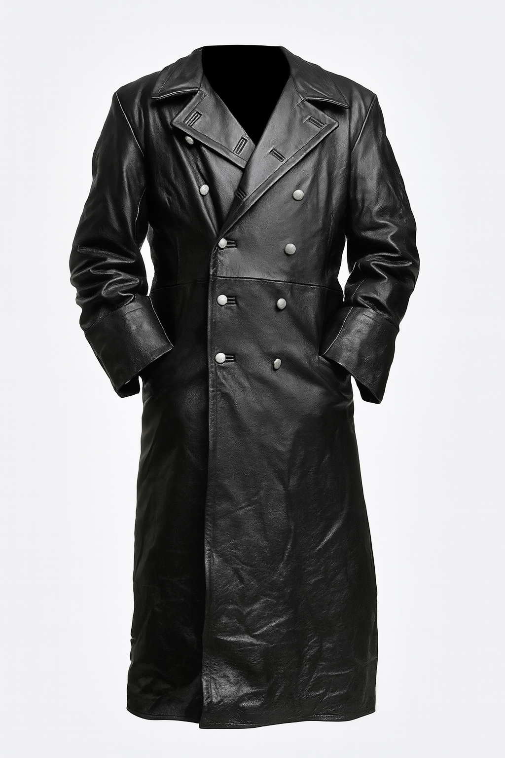 Men's Vintage Military Style Leather Trench Coat, Double-Breasted Long Coat