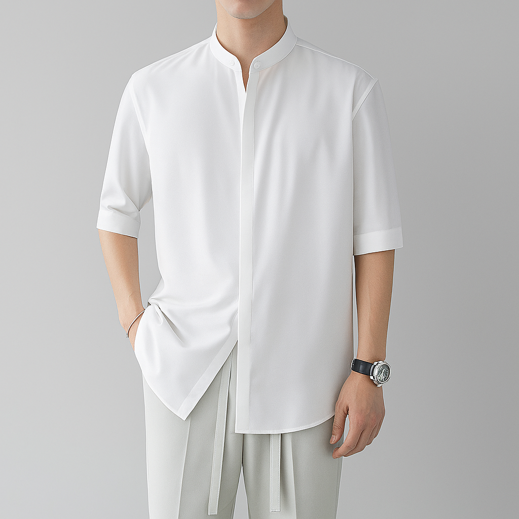 Men's Long Sleeve Mandarin Collar Shirt, Lightweight Breathable Top
