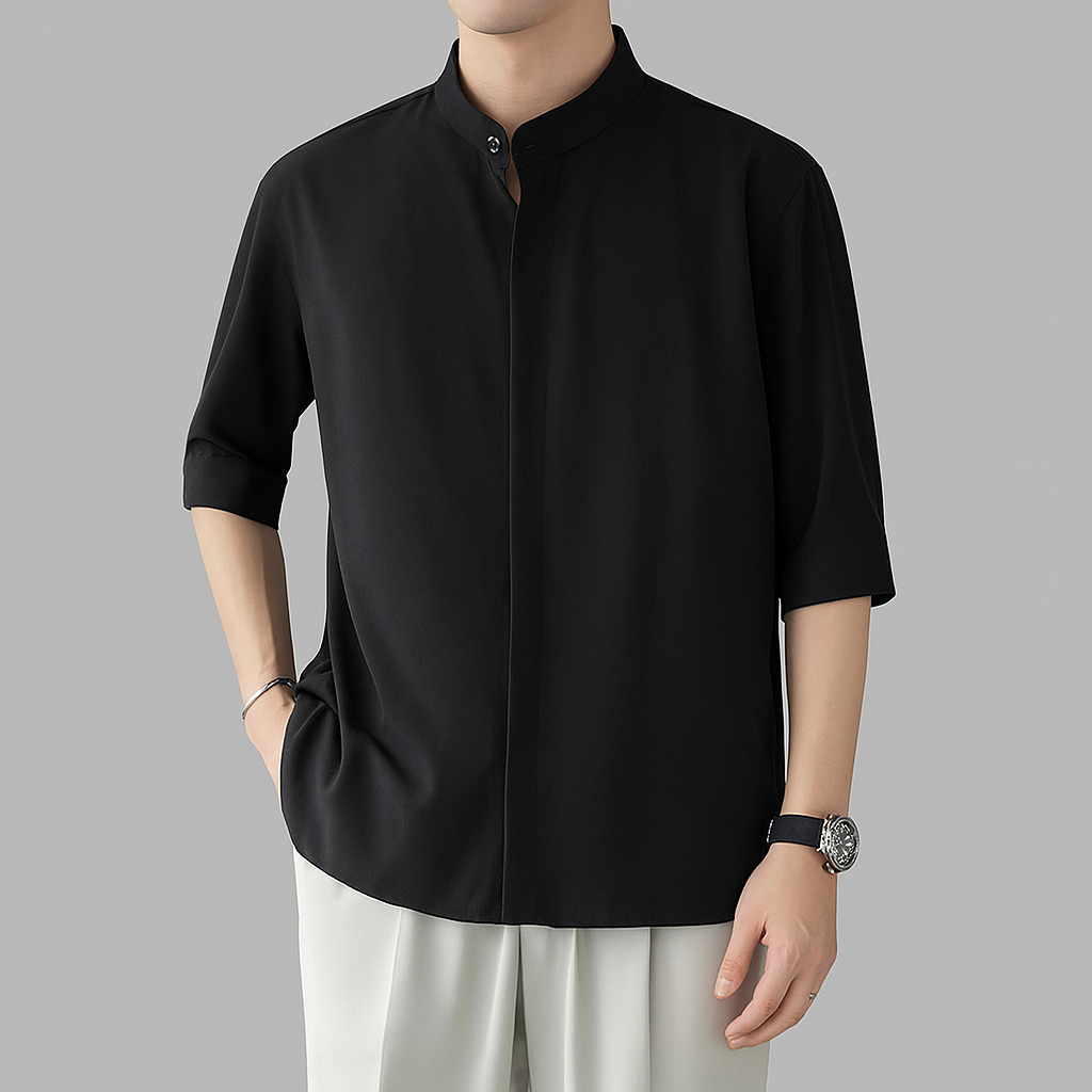 Men's Long Sleeve Mandarin Collar Shirt, Lightweight Breathable Top