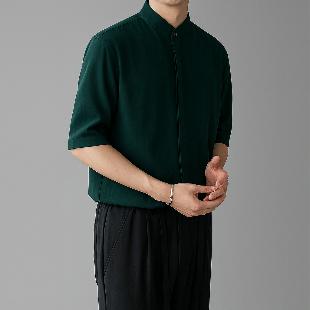 Men's Long Sleeve Mandarin Collar Shirt, Lightweight Breathable Top