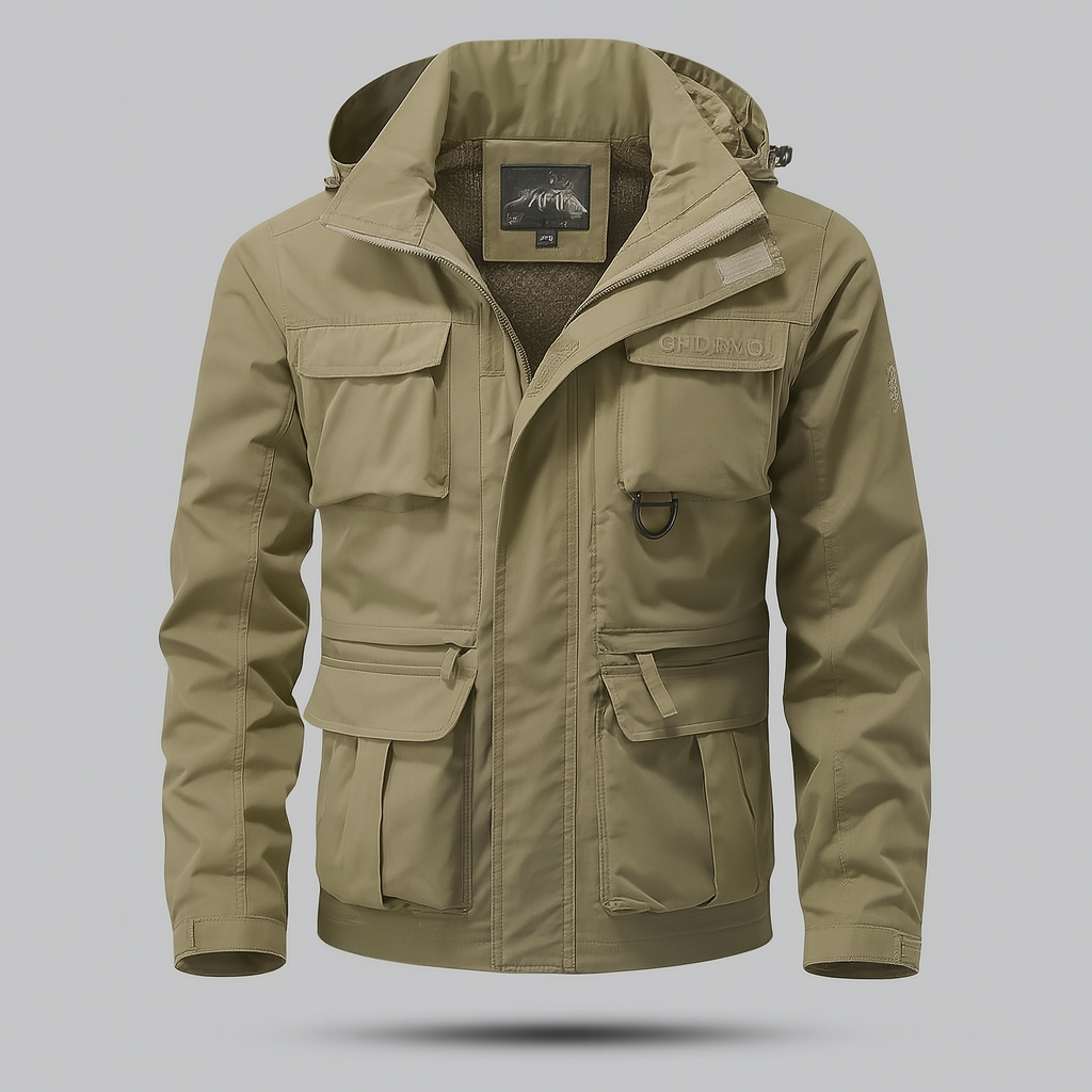 Men's Waterproof Military Style Coat - Hooded Rain Jacket with Storm Flap