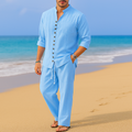 Men's Cotton Linen Blend Pullover Shirt - Collarless Casual Top