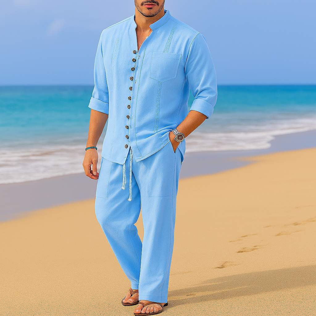 Men's Cotton Linen Blend Pullover Shirt - Collarless Casual Top