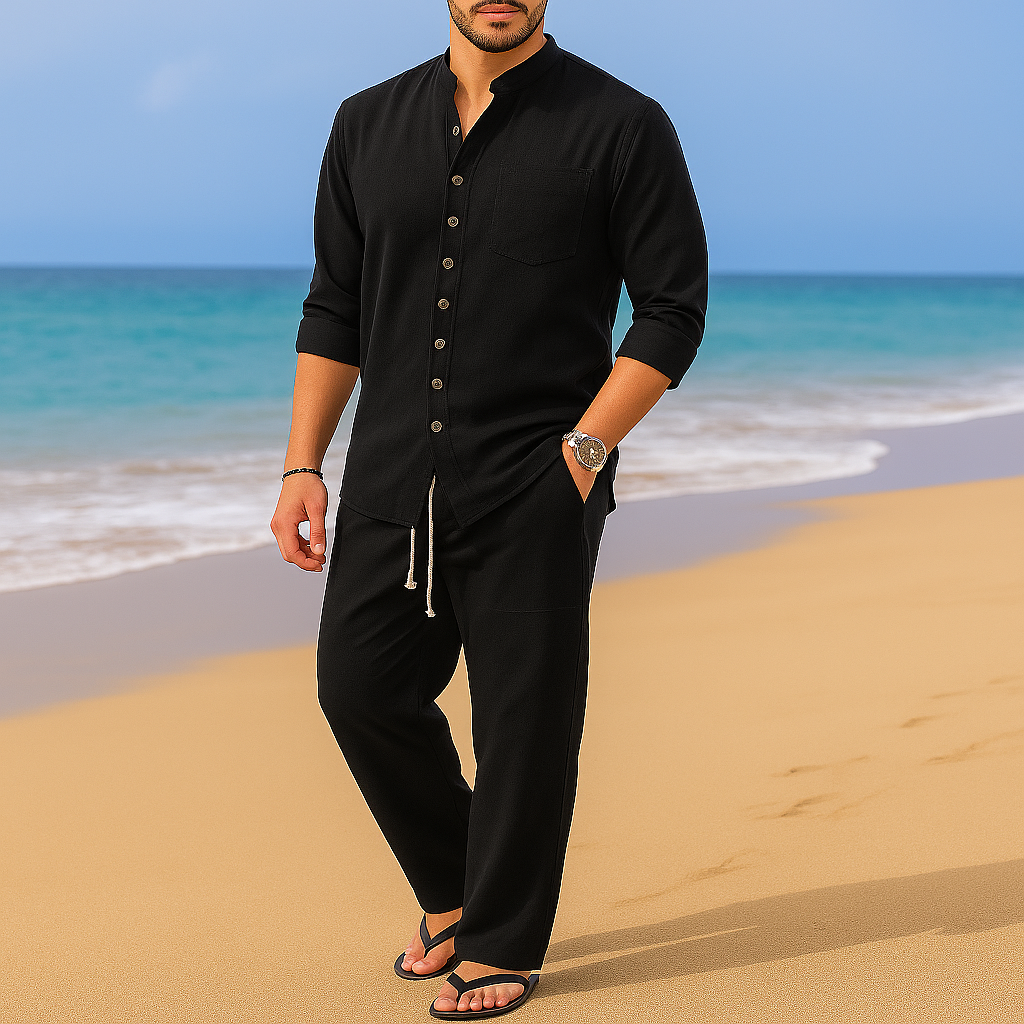 Men's Cotton Linen Blend Pullover Shirt - Collarless Casual Top
