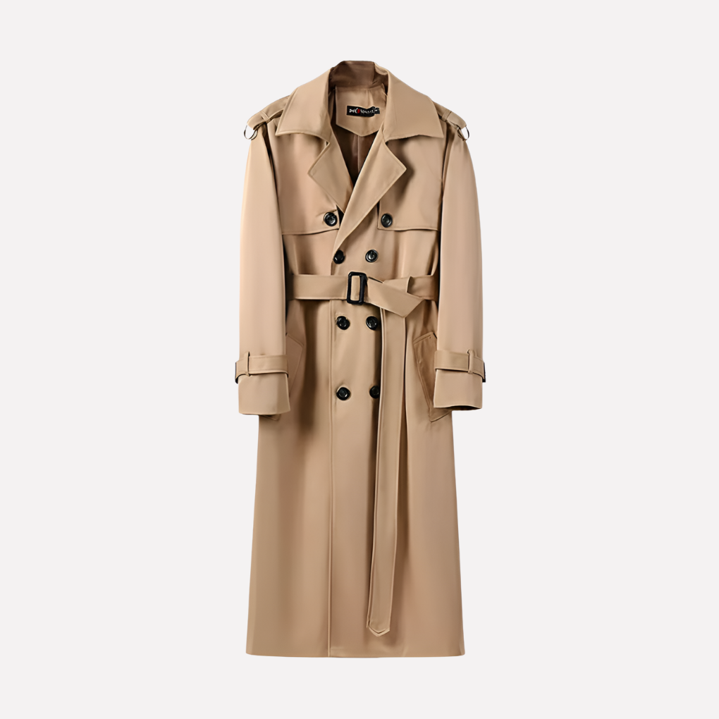 Men's Long Belted Trench Coat, Over-the-Knee Wool Style Coat