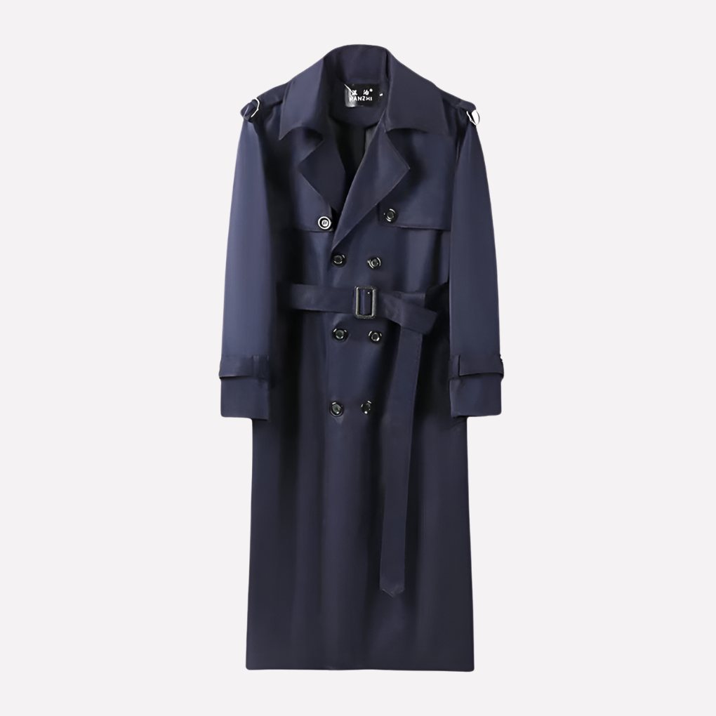 Men's Long Belted Trench Coat, Over-the-Knee Wool Style Coat