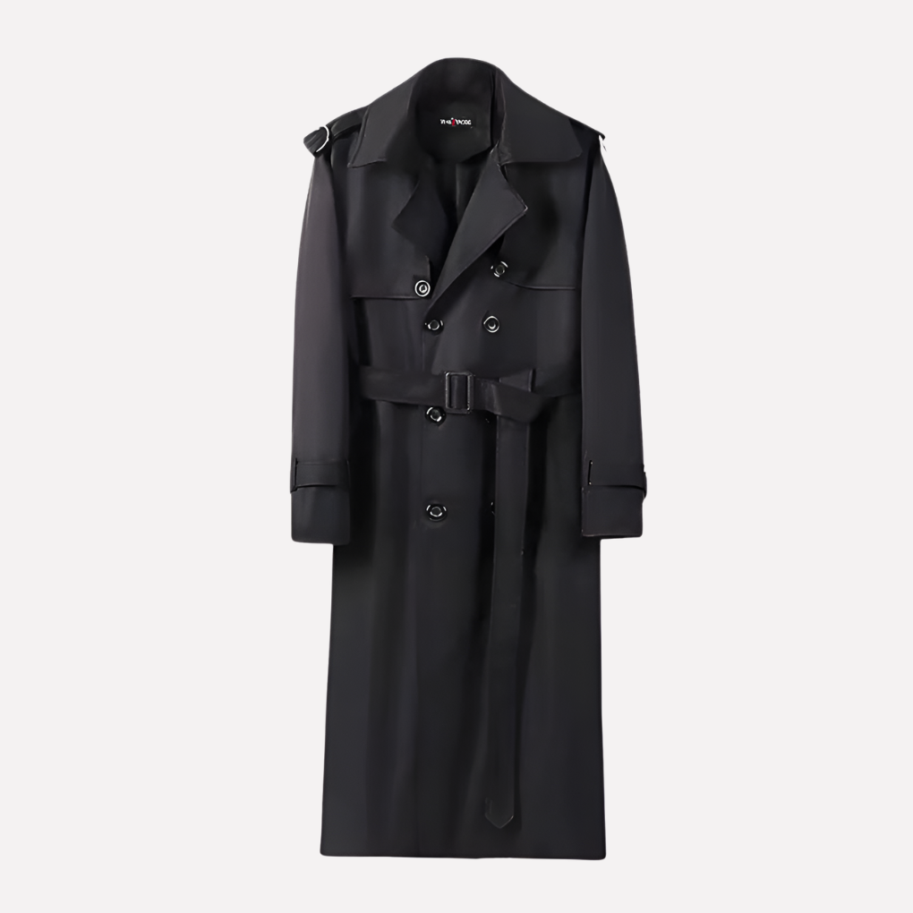 Men's Long Belted Trench Coat, Over-the-Knee Wool Style Coat