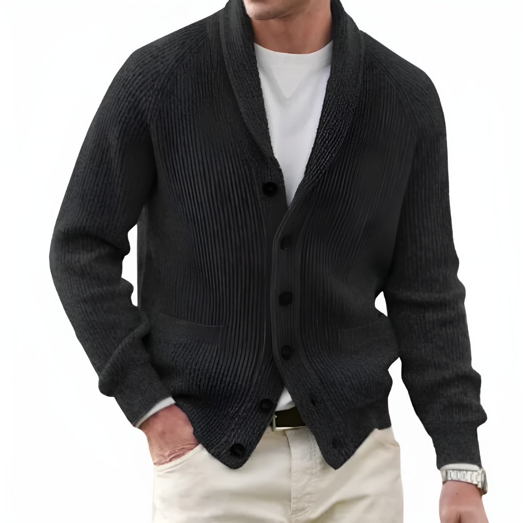 Men's Shawl Collar Cardigan - Button-Front Ribbed Knit Sweater