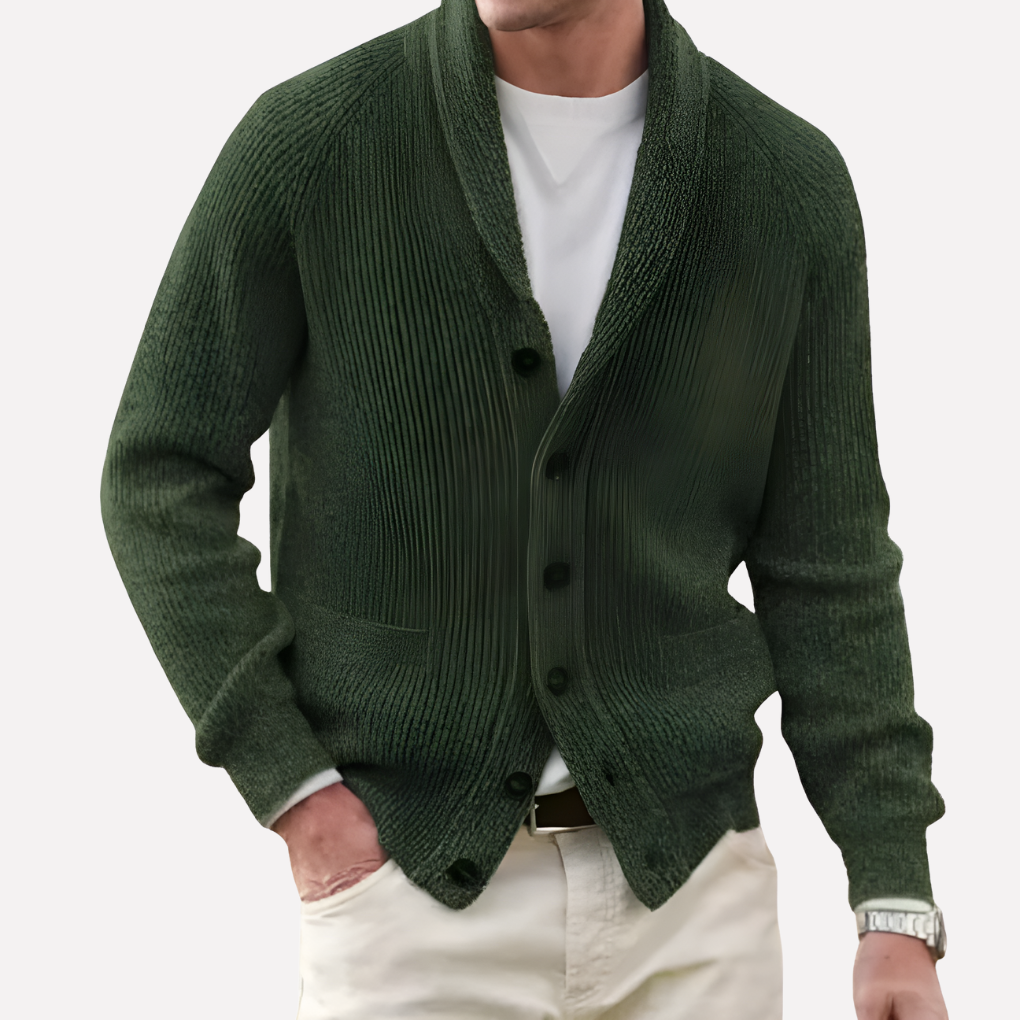 Men's Shawl Collar Cardigan - Button-Front Ribbed Knit Sweater