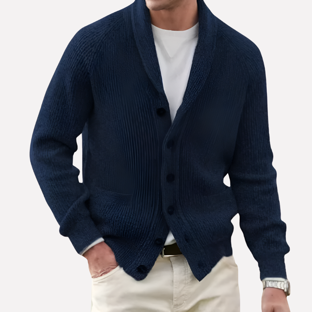 Men's Shawl Collar Cardigan - Button-Front Ribbed Knit Sweater