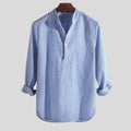 Men's Henley Shirt - Cotton-Linen Long Sleeve Striped Band Collar Shirt
