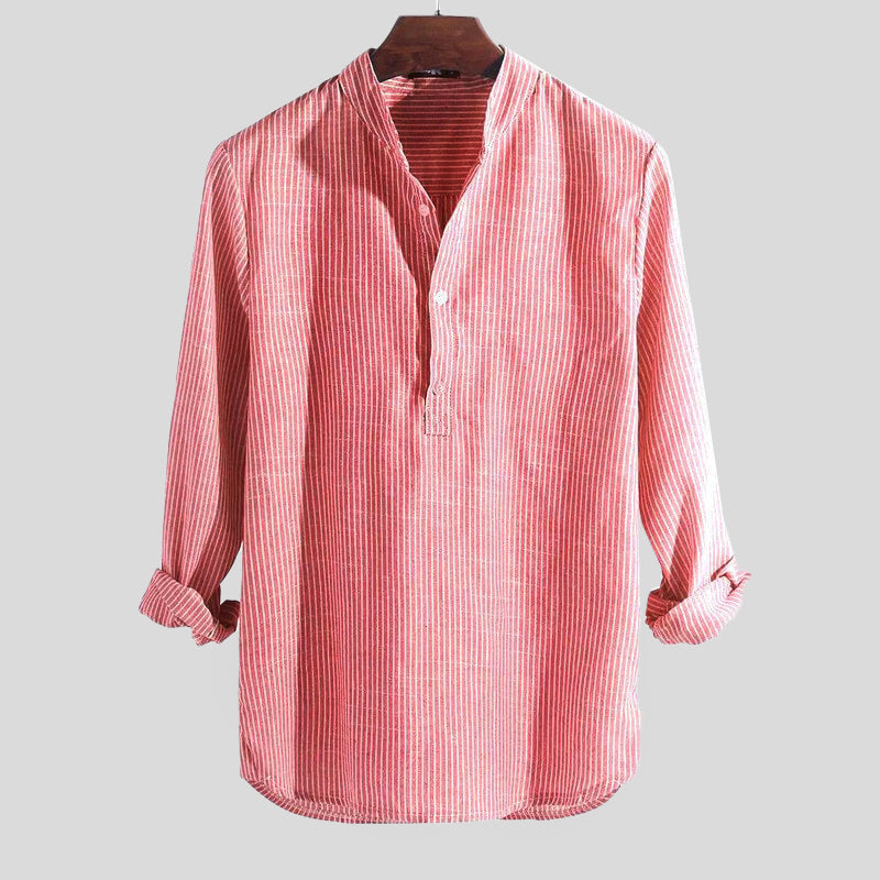 Men's Henley Shirt - Cotton-Linen Long Sleeve Striped Band Collar Shirt