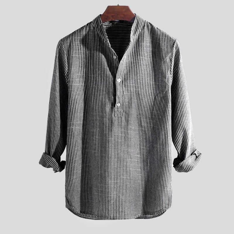 Men's Henley Shirt - Cotton-Linen Long Sleeve Striped Band Collar Shirt