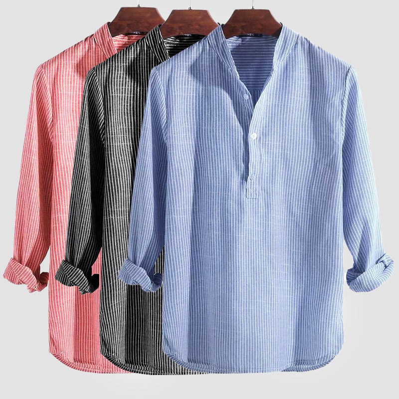 Men's Henley Shirt - Cotton-Linen Long Sleeve Striped Band Collar Shirt