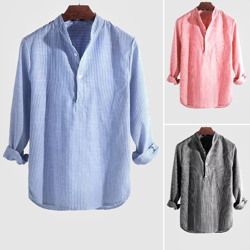 Men's Henley Shirt - Cotton-Linen Long Sleeve Striped Band Collar Shirt