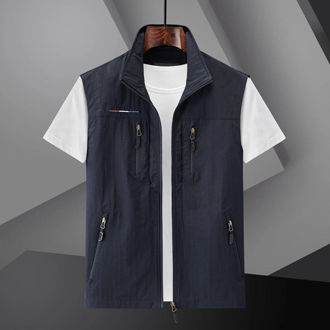 Men's Multi-Pocket Utility Travel Vest - Water-Resistant Polyester Outdoor Vest