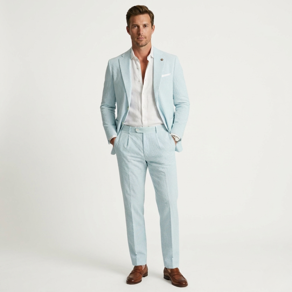 Men's Two Piece Summer Suit, Slim Fit Pinstripe Blazer and Trousers