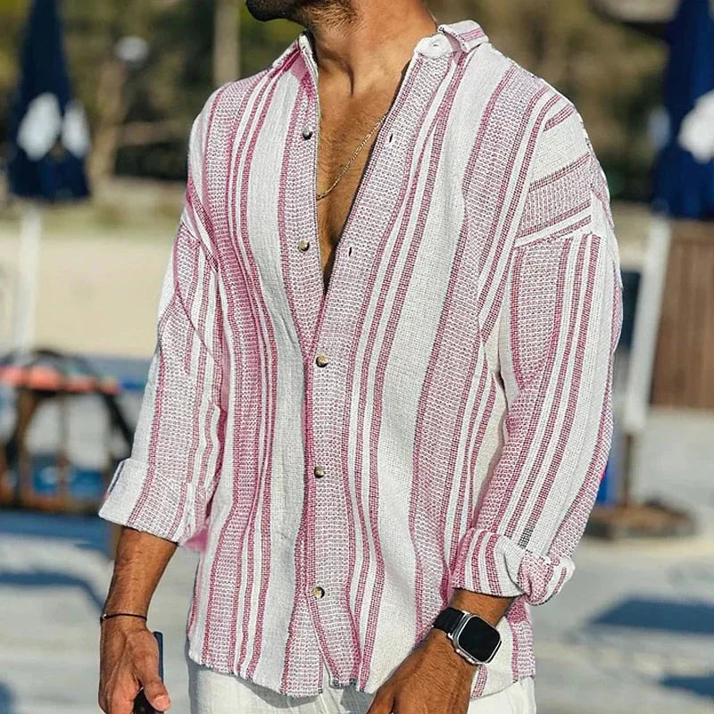 Men's Long-Sleeve Striped Shirt, Breathable Cotton Blend