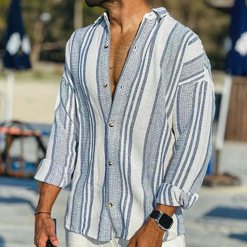 Men's Long-Sleeve Striped Shirt, Breathable Cotton Blend