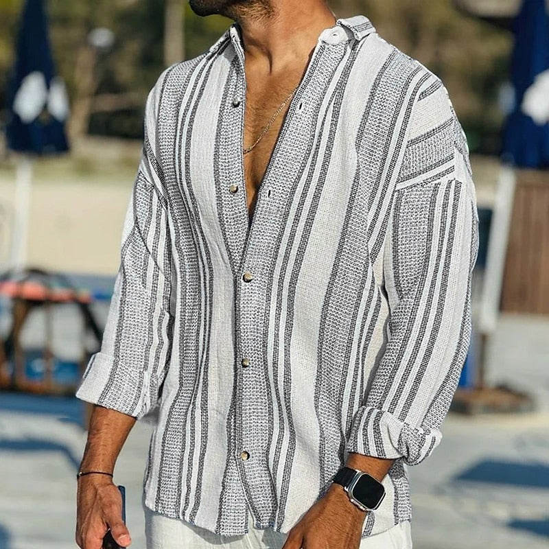 Men's Long-Sleeve Striped Shirt, Breathable Cotton Blend