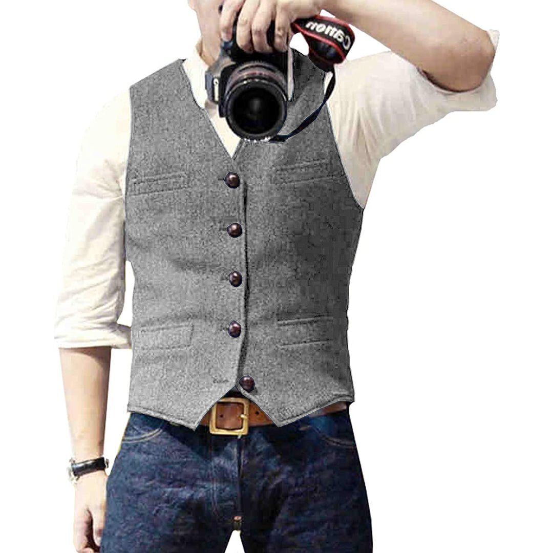 Men's Denim Vest, Button-Up Sleeveless Jacket with Chest Pockets