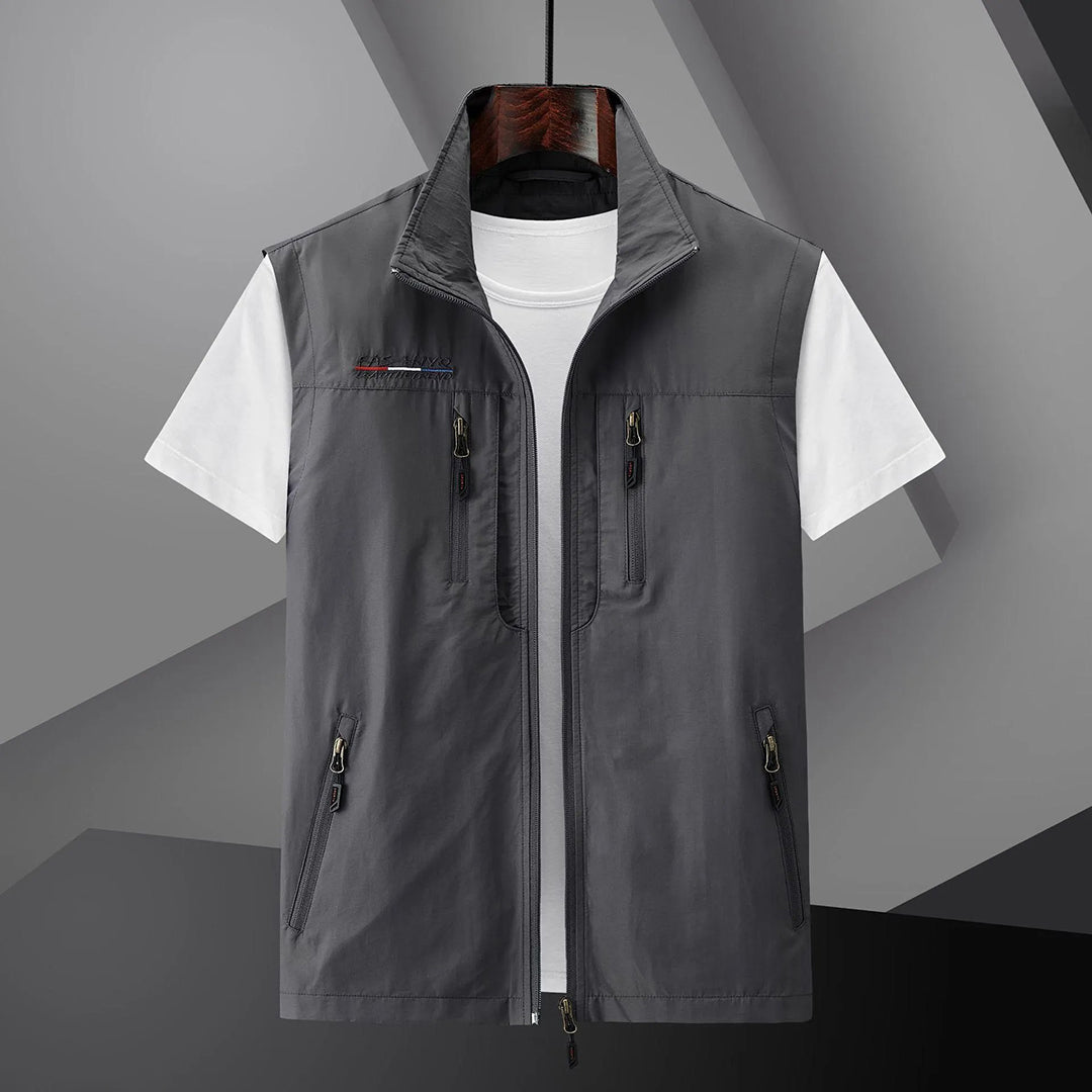 Men's Multi-Pocket Utility Travel Vest - Water-Resistant Polyester Outdoor Vest