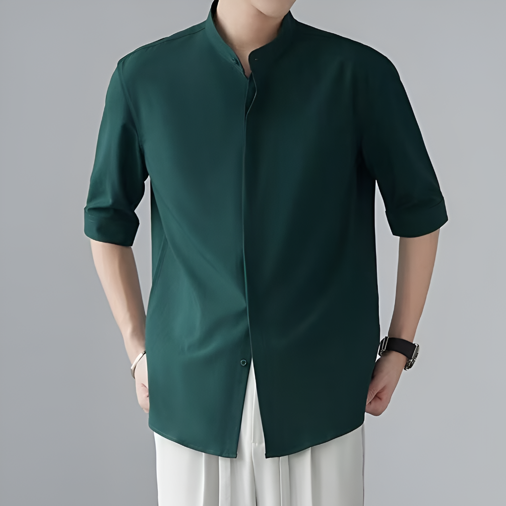 Men's Long Sleeve Mandarin Collar Shirt, Lightweight Breathable Top