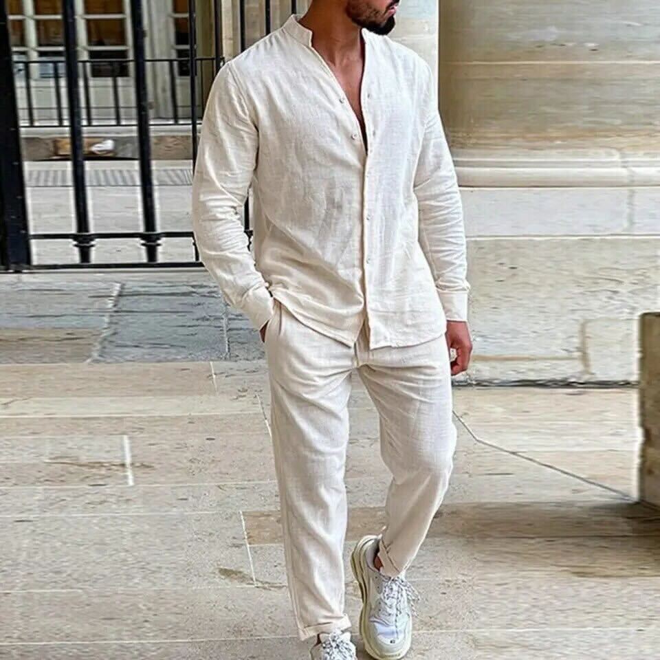 Men's Linen Set, Long Sleeve Button-Up Top and Trousers