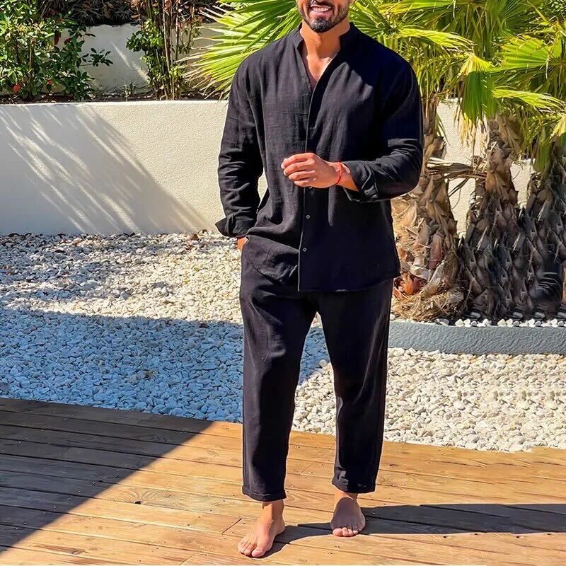 Men's Linen Set, Long Sleeve Button-Up Top and Trousers
