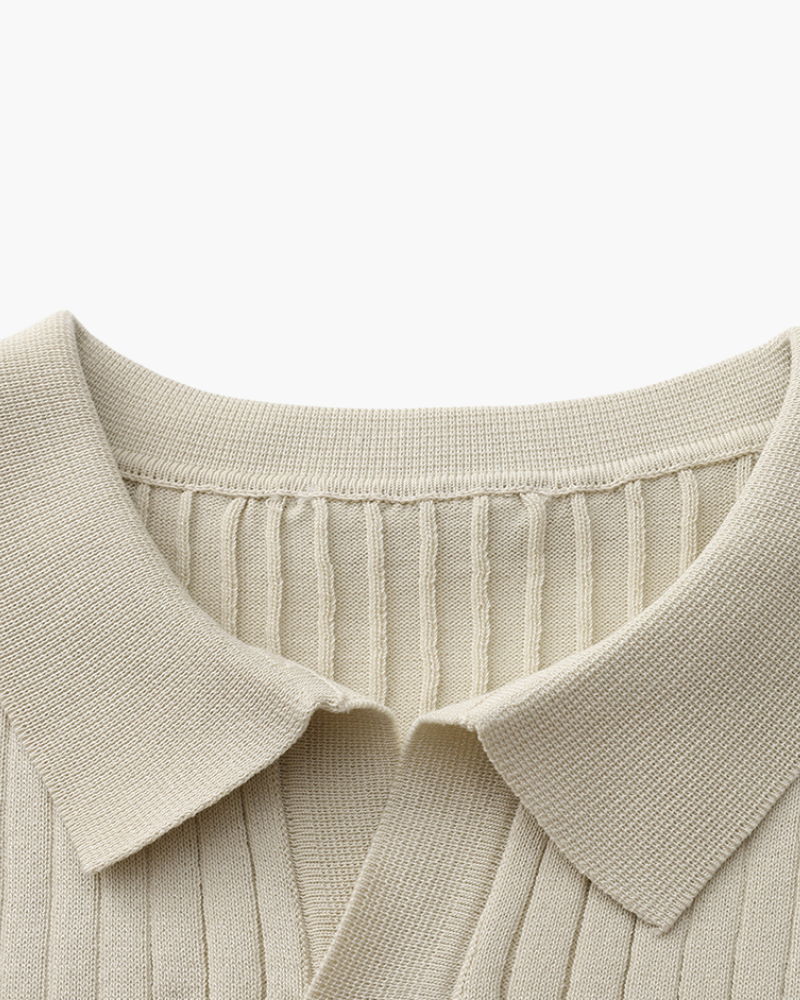 Men's Ribbed Knit Polo Shirt with Open Collar - Short Sleeve Top