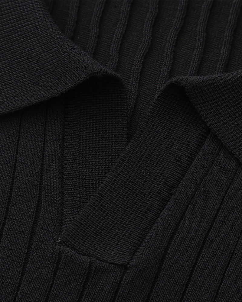 Men's Ribbed Knit Polo Shirt with Open Collar - Short Sleeve Top