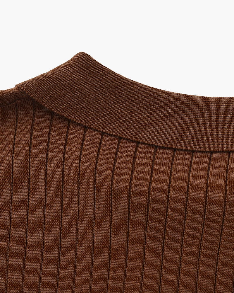 Men's Ribbed Knit Polo Shirt with Open Collar - Short Sleeve Top