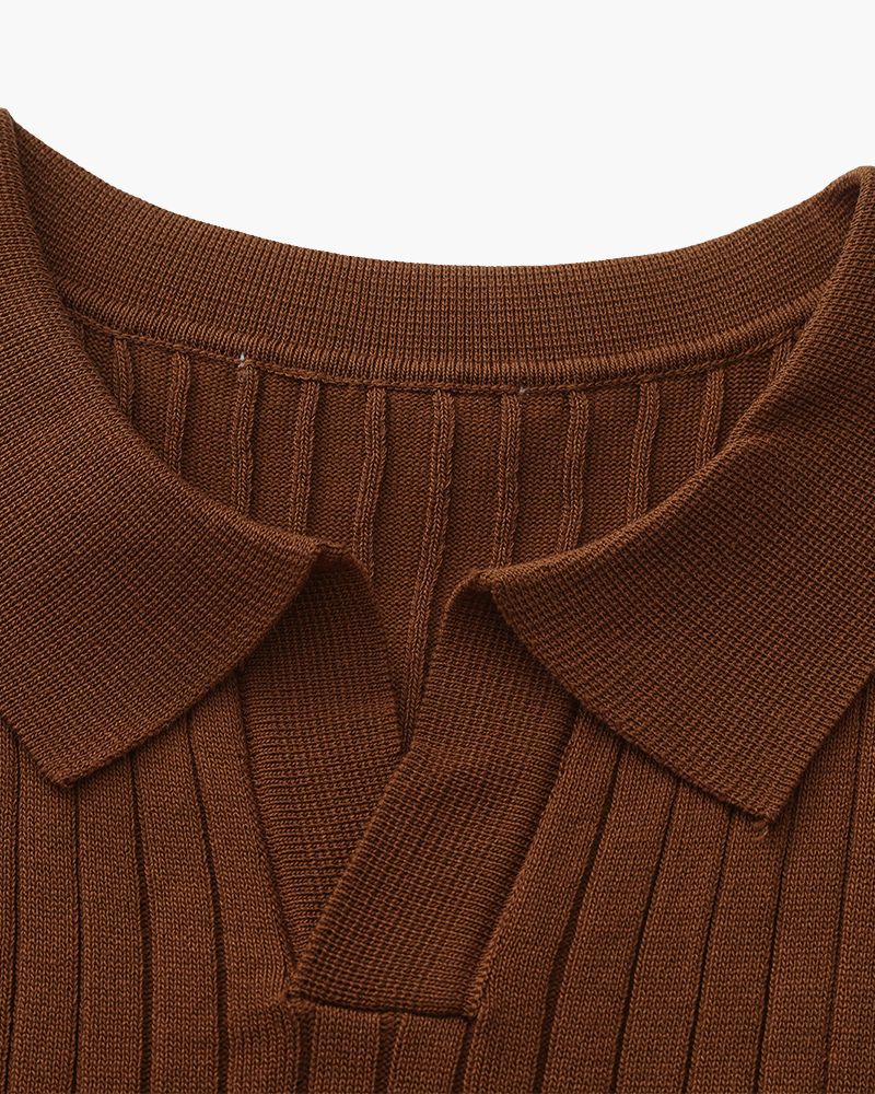 Men's Ribbed Knit Polo Shirt with Open Collar - Short Sleeve Top