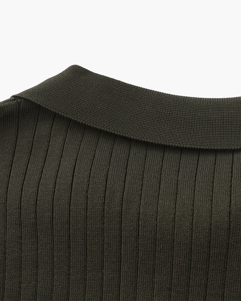Men's Ribbed Knit Polo Shirt with Open Collar - Short Sleeve Top