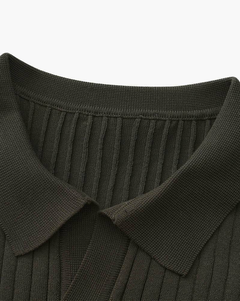 Men's Ribbed Knit Polo Shirt with Open Collar - Short Sleeve Top