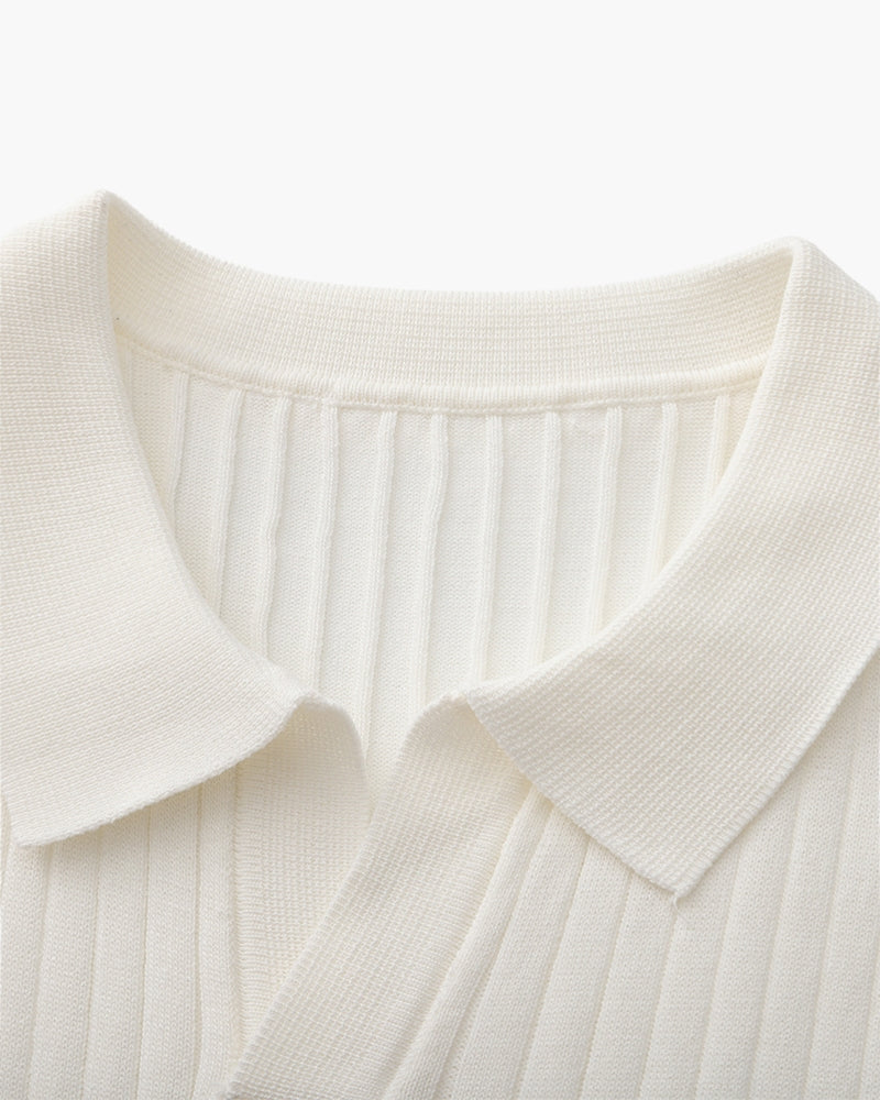 Men's Ribbed Knit Polo Shirt with Open Collar - Short Sleeve Top