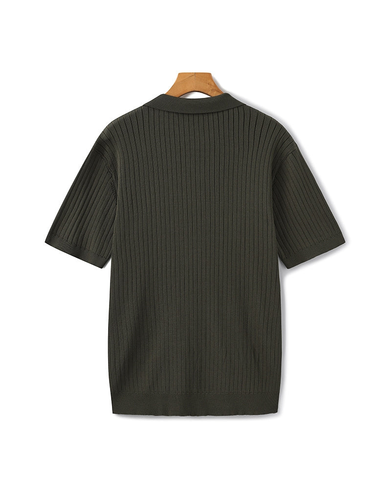 Men's Ribbed Knit Polo Shirt with Open Collar - Short Sleeve Top