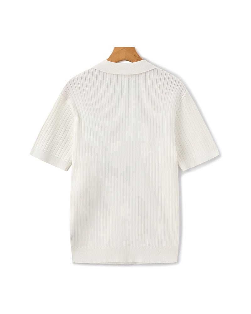 Men's Ribbed Knit Polo Shirt with Open Collar - Short Sleeve Top