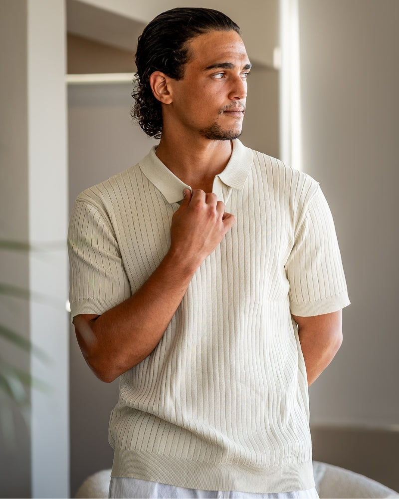 Men's Ribbed Knit Polo Shirt with Open Collar - Short Sleeve Top