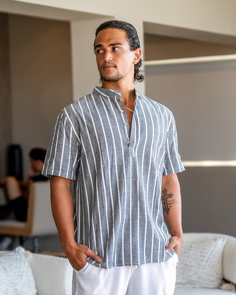 Men's Sailor Striped Polo Shirt with Open Collar, Nautical Casual Polo
