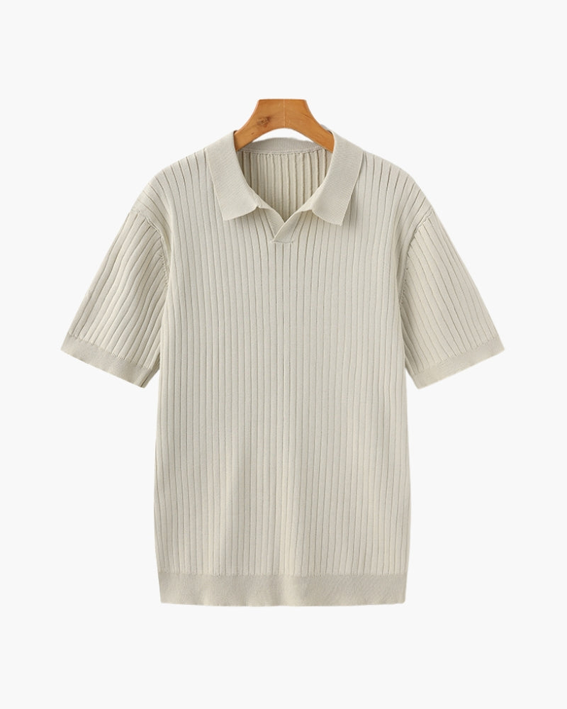 Men's Ribbed Knit Polo Shirt with Open Collar - Short Sleeve Top