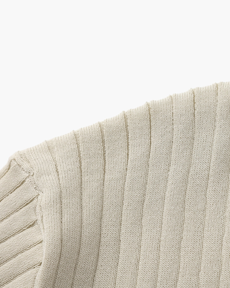 Men's Ribbed Knit Polo Shirt with Open Collar - Short Sleeve Top