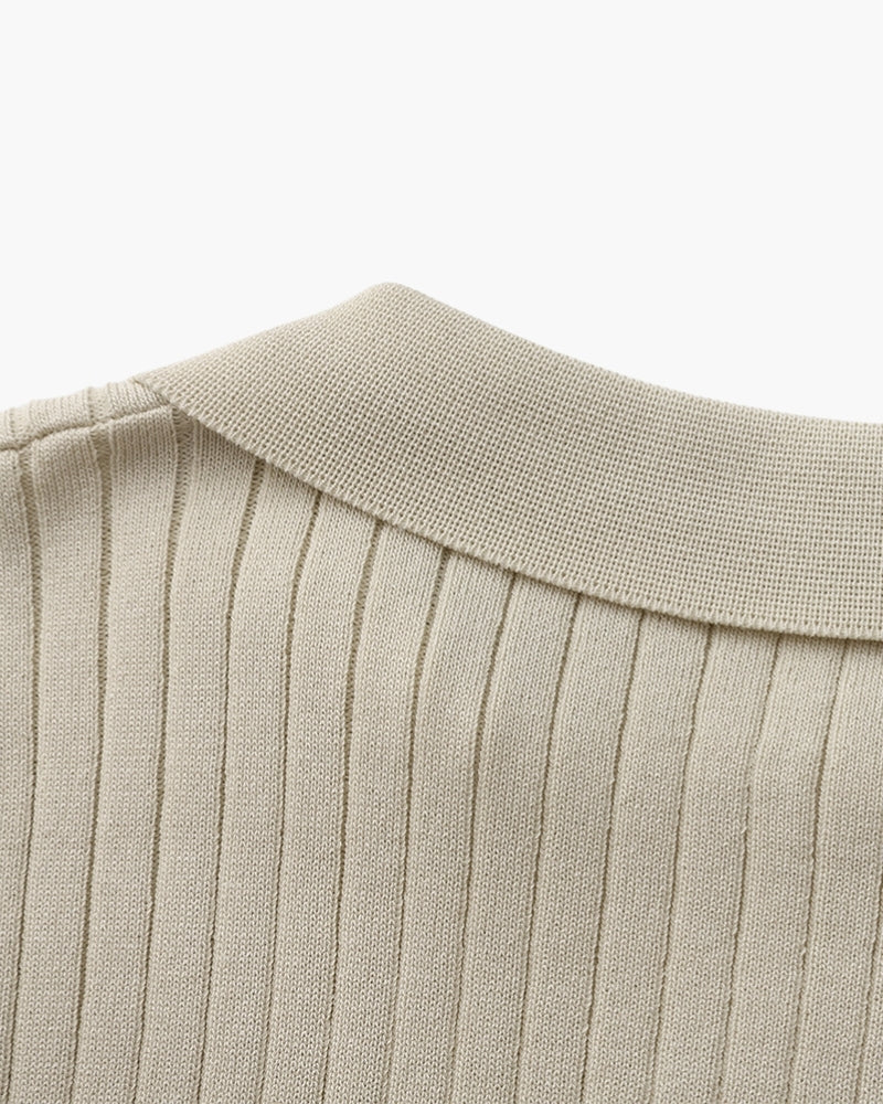 Men's Ribbed Knit Polo Shirt with Open Collar - Short Sleeve Top