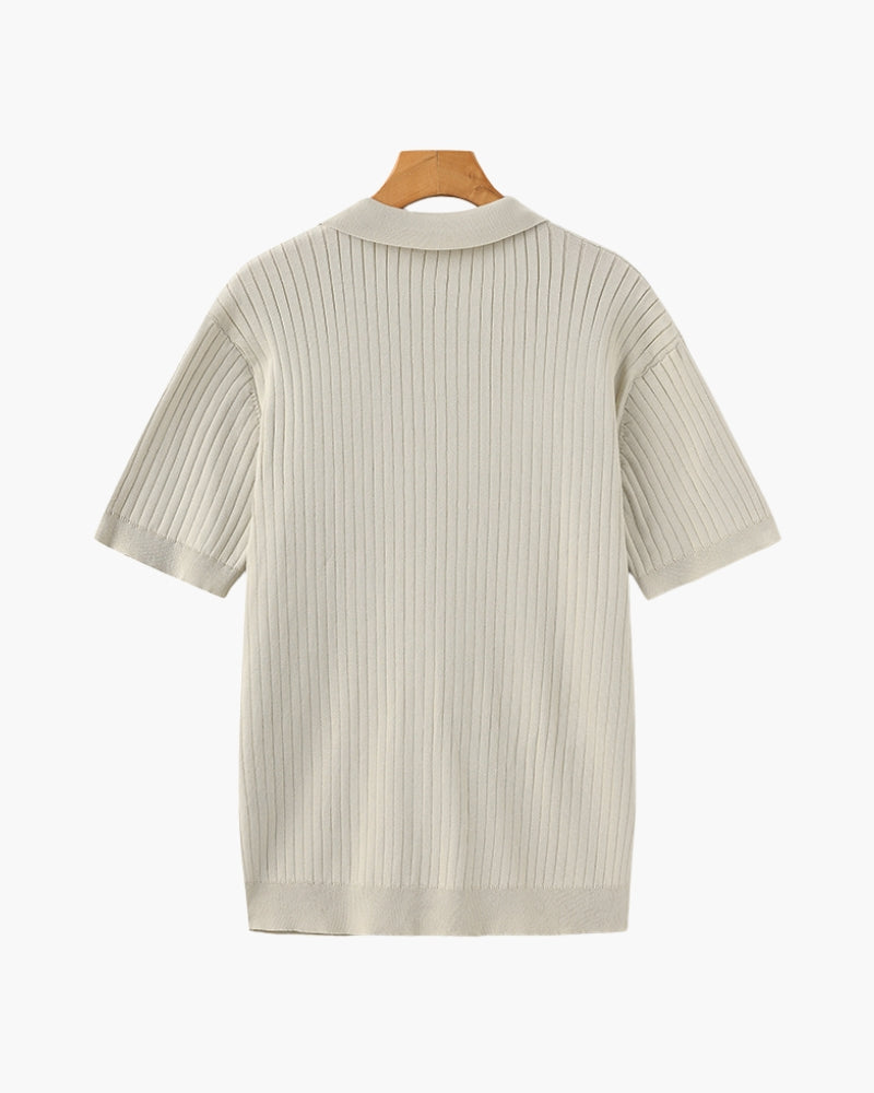 Men's Ribbed Knit Polo Shirt with Open Collar - Short Sleeve Top
