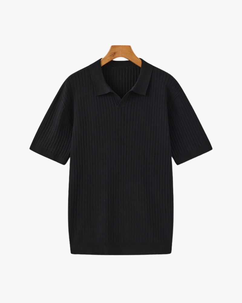 Men's Ribbed Knit Polo Shirt with Open Collar - Short Sleeve Top